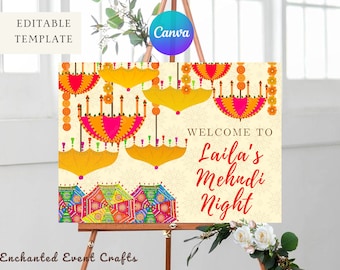 Op de afbeelding: Een kleurrijk welkomsbord voor een Mehndi-avondfeest. Het bord heeft een decoratief ontwerp met kleurrijke paraplu's en bloemenslingers. De tekst op het bord luidt "Welkom bij Laila's Mehndi-avond".