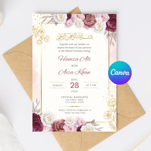 Editable Islamic Nikkah Invitation Template | Red Floral Muslim Wedding Reception Walima Invite | Canva Template for Digital Download