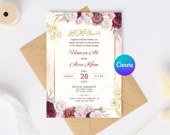 Editable Islamic Nikkah Invitation Template | Red Floral Muslim Wedding Reception Walima Invite | Canva Template for Digital Download