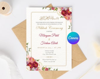 Red & Gold Editable Islamic Nikkah Invitation Template | Floral Muslim Wedding Reception Walima Invite | Canva Template for Digital Download