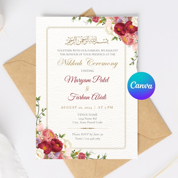 Red & Gold Editable Islamic Nikkah Invitation Template | Floral Muslim Wedding Reception Walima Invite | Canva Template for Digital Download