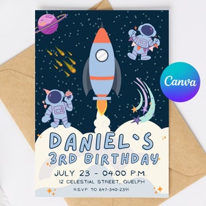 May include: A blue and white rocket ship with a purple planet and stars in the background. The text "DANIEL'S 3RD BIRTHDAY" is at the bottom of the invitation. The invitation also includes the date, time, and location of the party.