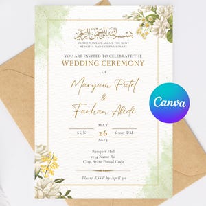 Green & Gold Nikkah Invitation Template: Floral Muslim Wedding (Canva Template - Digital Download)