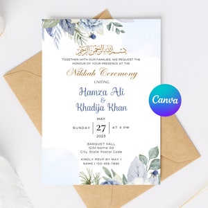 Editable Nikkah Invitation Template | Custom Blue Floral Muslim Wedding Invite | Canva Template for Digital Download