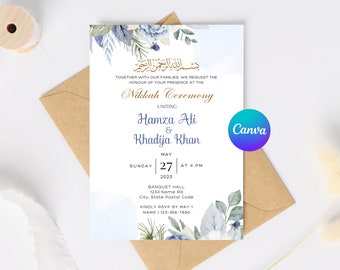 Bewerkbare Nikkah uitnodiging sjabloon, blauwe bloemen moslim bruiloft uitnodigen, Canva sjabloon voor digitale download