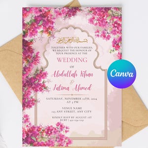Bearbeitbare rosa Blumenhochzeitseinladungsvorlage | Elegante Muslimische Nikkah Empfang Walima Einladen | Canva Template für den digitalen Download