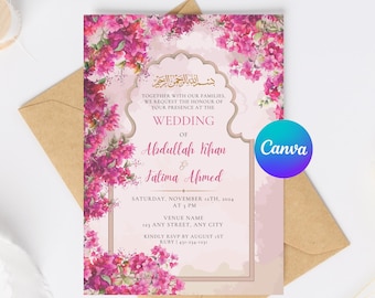 May include: A pink wedding invitation with floral designs and gold accents. The invitation features the names "Abdullah Khan" and "Jalima Ahmed" and the date "Saturday, November 12th, 2024".