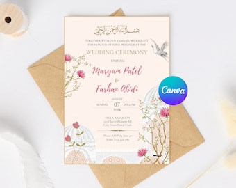 May include: A wedding invitation with a floral design. The invitation is for Maryam Patel and Farhan Abidi. The wedding will take place on Sunday, August 7th, 2024 at 12 PM. The invitation includes the address for the Bella Banquets venue and a request to RSVP by June 30th.
