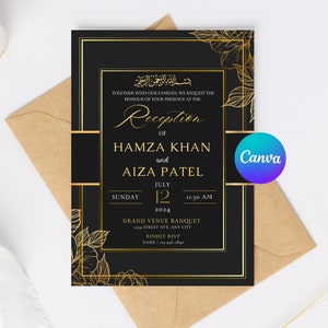 Plantilla de invitación Nikkah editable / Invitación Walima de recepción de boda musulmana de oro negro / Plantilla Canva para descarga digital