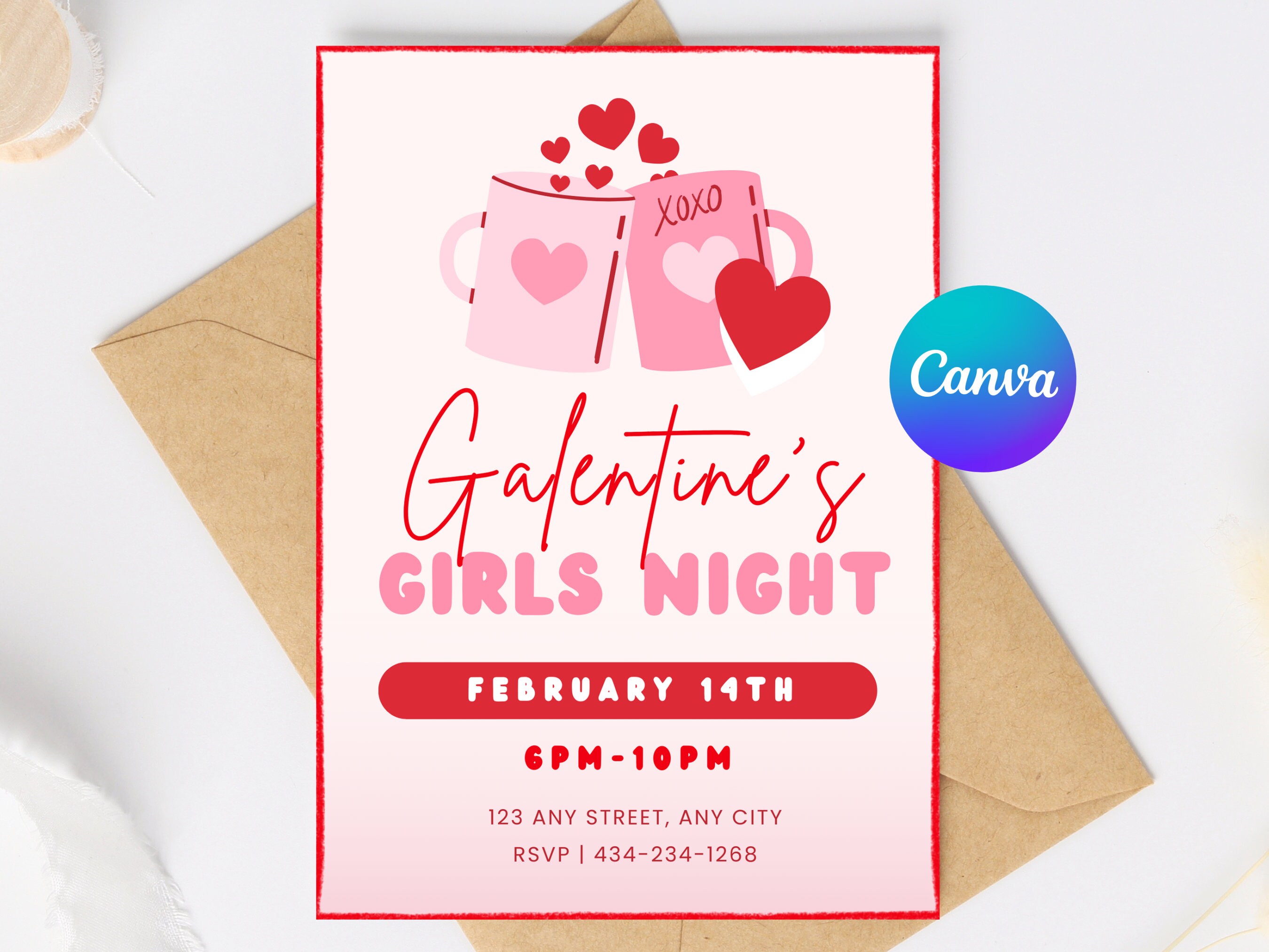 Editable Galentine's Invitation, Pink Red Hearts Invite, Girls Night ...