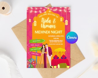 Editable Mehndi Invitation Template | Colorful Pink & Orange Dholki Wedding Party Mayon Haldi Invite | Canva Template for Digital Download