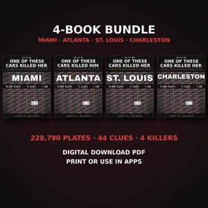 May include: A 4-book bundle of murder mystery puzzle books titled One of These Cars Killed Her and One of These Cars Killed Him, featuring Miami, Atlanta, St. Louis, and Charleston editions with grids of license plates and clues.