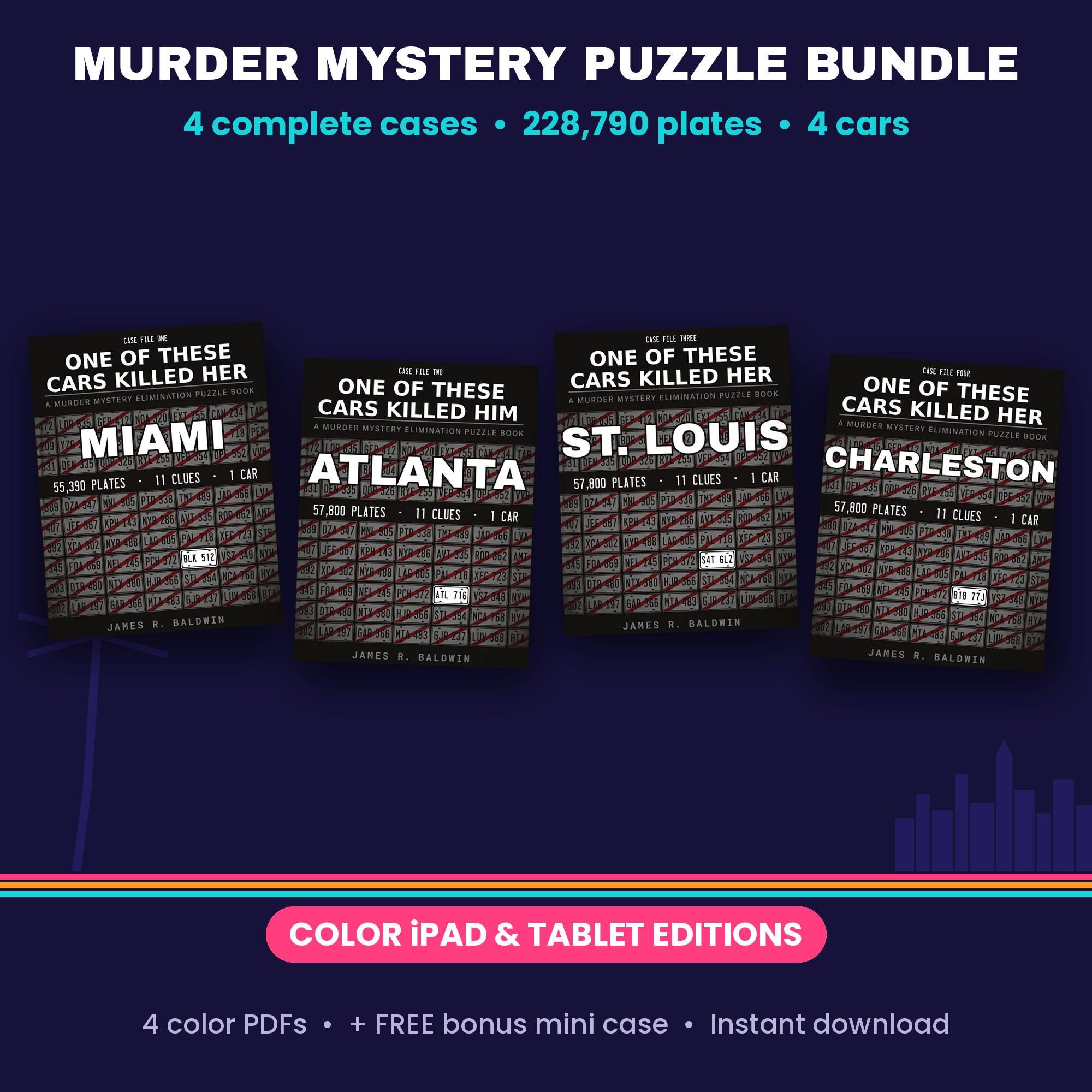 Murder Mystery Puzzle Book Bundle, 4 Color iPad PDFs, 228,790 License Plates Logic Game for Adults, One of These Cars Case Files 1-4