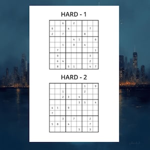May include: A white sheet of paper with two Sudoku puzzles labeled "HARD - 1" and "HARD - 2". Each puzzle is a 9x9 grid with some numbers filled in. The puzzles are designed to challenge the solver.