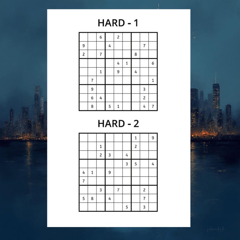 May include: A white sheet of paper with two Sudoku puzzles labeled "HARD - 1" and "HARD - 2". Each puzzle is a 9x9 grid with some numbers filled in. The puzzles are designed to challenge the solver.