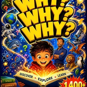 May include: A colorful book cover with the title "WHY? WHY? WHY?" features a young boy reading a book with the words "DISCOVER, EXPLORE, LEARN." The cover includes illustrations of a dinosaur, rocket, planets, and animals. The book promises "1,400+ WHY QUESTIONS & SIMPLE ANSWERS!"