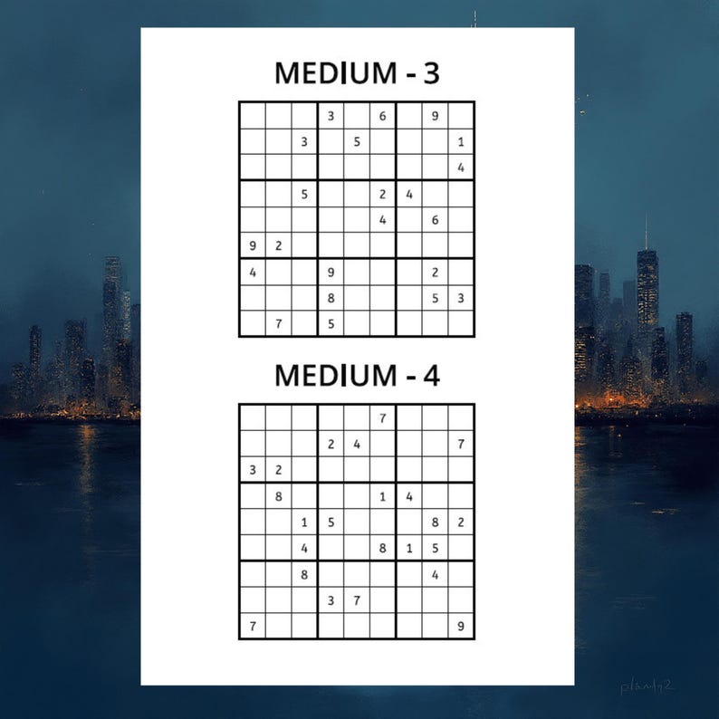 May include: Two Sudoku puzzles labeled "MEDIUM - 3" and "MEDIUM - 4" are displayed on a white background. Each puzzle is a 9x9 grid with some numbers filled in. The text "MEDIUM - 3" and "MEDIUM - 4" are in bold, black font.