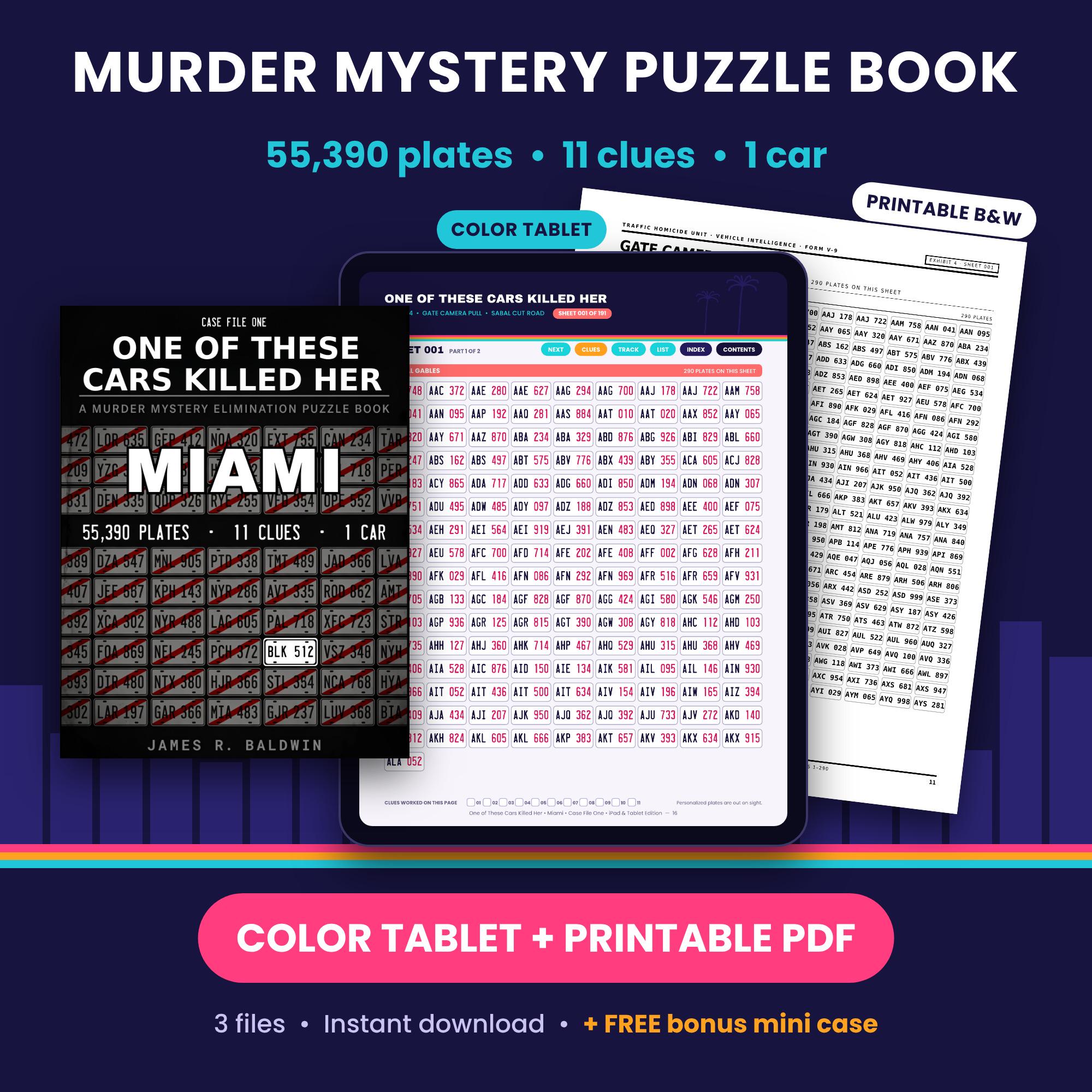 Miami - Murder Mystery Puzzle Book, Color iPad + Printable PDF, 55,390 License Plates Logic Game, One of These Cars Killed Her