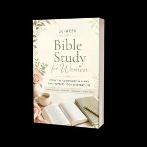 May include: A hardcover book titled "Bible Study for Women" with floral accents. The book is open to a page with text, next to a cup of coffee and a closed book. The cover text reads "26-Week" and "Study the Scriptures in a way that impacts your everyday life."
