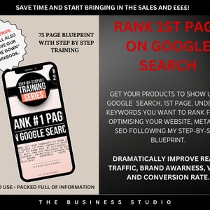 May include: A red and white graphic with the text "Rank 1st Page on Google Search" and a description of how to get your products to show up on the first page of Google search results. The graphic also includes a free bonus of a 75-page blueprint with step-by-step training.