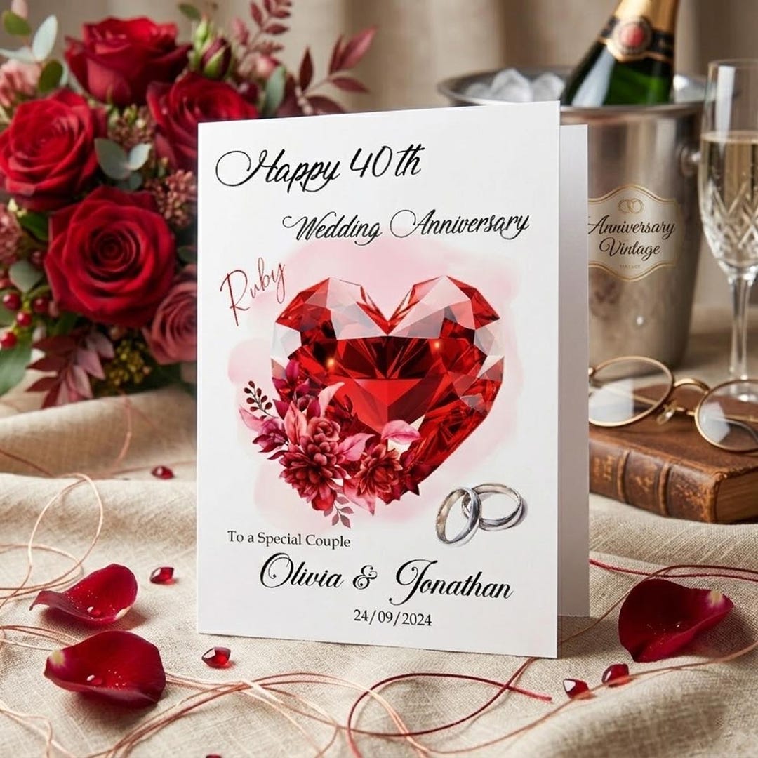 Personalised Ruby Wedding Anniversary Card - 40th Anniversary Heart ...