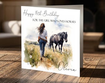 Personalised Girls Horse Birthday Card - Watercolor Equestrian - Any Name & Age - Daughter Granddaughter Niece