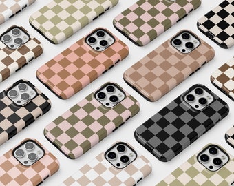 Boho Checkered Protective Phone Cases Autumn Fall Brown Earthy Neutral For iPhone 16 15 Plus 14 Pro Max 12 13 Mini 11 Galaxy S24 Cute Cover