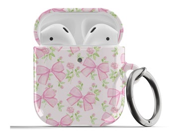 Bow Coquette Pink Airpods Case Ribbon Roses Cottagecore Cute Protective Cover For Airpods 1st 2nd Generation, Airpods Pro 1st 2nd Girly
