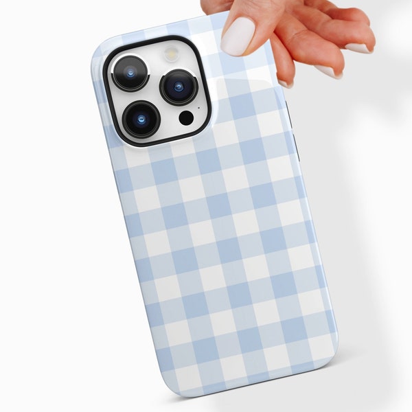 Blue Gingham Phone Case Preppy For iPhone 15 Plus 14 Pro Max 12 13 Mini 11 Pro Galaxy S24 S23 Protective Cute Aesthetic Cottagecore Cover