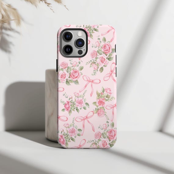 リボンとバラのスマホケース、ピンクのリボンが可愛いガーリーな保護
