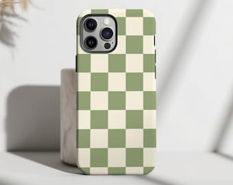 Green Beige Checkered Phone Case Protective Cute Earthy Aesthetic Cover For iPhone 15 Plus 14 Pro Max 12 13 Mini 11 Pro Galaxy S24 S23 S22