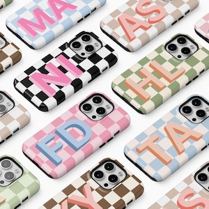 MagSafe Personalized Initial Monogram Checkered Phone Cases Custom Name Gift For iPhone 16 15 Plus 14 Pro Max 12 13 Mini Cover MagSafe