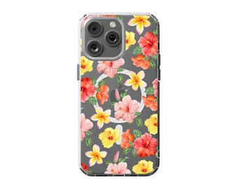 MagSafe Hibiscus Clear Phone Case Hawaii Summer Tropical Floral For iPhone 16 15 Plus 14 Pro Max 12 13 Mini Trendy Cover MagSafe Magnet
