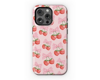 Erdbeere Handytasche Bögen rosa kokette Gingham Sommer niedlich ästhetische Schutzhülle für iPhone 16 15 Plus 14 Pro Max 12 13 Mini 11 Galaxy S24