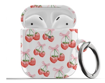 Strawberry AirPods Case Bows Coquette Cute Girly Protective Trendy Cover For Airpods 1st 2nd Generation, Airpods Pro Keychain