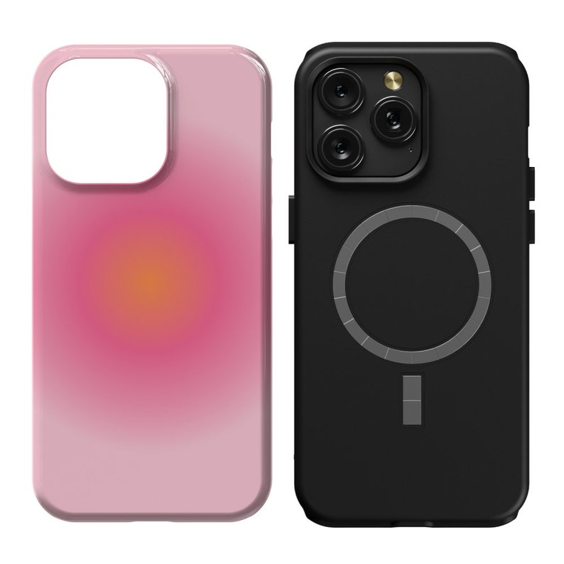 K&ouml;nnte beinhalten: Zwei Handyh&uuml;llen, eine rosa mit einem Farbverlauf und eine schwarze mit einem silbernen Ring und einem silbernen Balken.