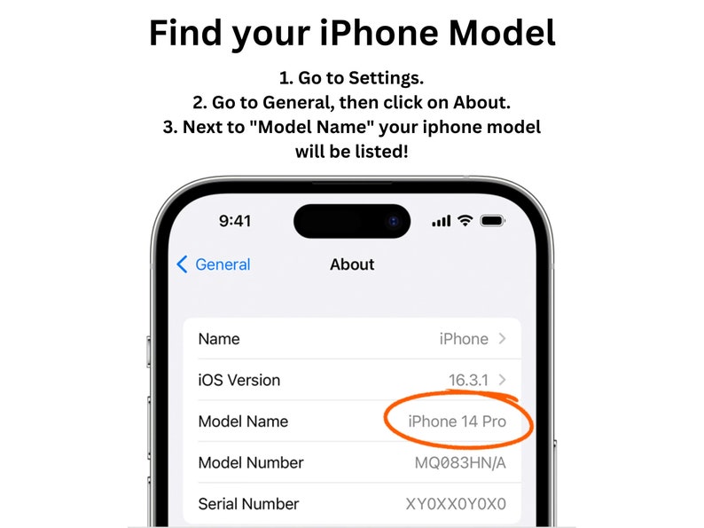 May include: A screenshot of an iPhone's settings menu showing the model name, model number, and serial number. The model name is "iPhone 14 Pro", the model number is "MQ083HN/A", and the serial number is "XYOX&Chi;&Omicron;&Upsilon;&Omicron;&Chi;&Omicron;".