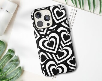 Black and White Hearts Phone Case für iPhone 15 + 14 Pro Max 12 13 Mini 11 Pro Monochrome niedliche schützende ästhetische Abdeckung Galaxy S24 S23
