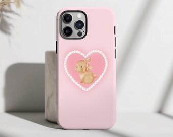 Funda de teléfono MagSafe con corazón de perla y conejito rosa, funda protectora Vintage bonita y femenina para iPhone 15+ 14 Pro Max 12 13 Mini