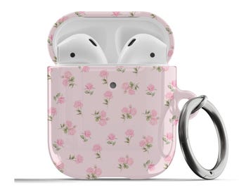 May include: A pink and white floral patterned case for Apple AirPods with a silver carabiner clip.