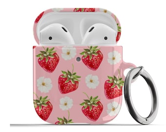Strawberry AirPods Case Floral Pink Summer Cute Girly Protective Trendy Cover For Airpods 1st 2nd Generation, Airpods Pro Keychain