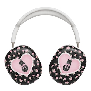 Coquette Bows Black Cat AirPods Max Case Headphones En plastique rigide Étui Roses gothiques roses Halloween Spooky Heart Étui de protection mignon