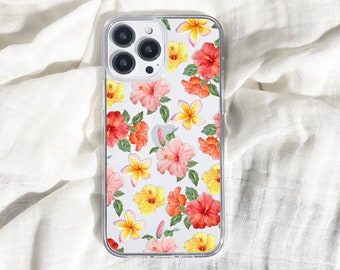 Funda de teléfono transparente Hibiscus Hawaii verano Tropical Floral para iPhone 15+ 14 Pro Max 12 13 Mini 11 XR X SE Galaxy S24 cubierta de moda
