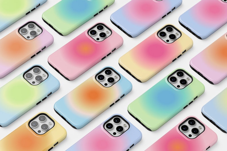 K&ouml;nnte beinhalten: Eine Sammlung von bunten Handyh&uuml;llen mit einem Farbverlaufsdesign. Die H&uuml;llen sind in einem Raster angeordnet und zeigen eine Vielzahl von Farben, darunter Pink, Blau, Gelb und Gr&uuml;n.