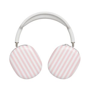 May include: White wireless headphones with pink and white striped earcups.