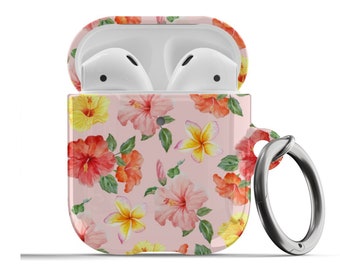 Hibiscus AirPods Case Pink Hawaii Summer Tropical Floral Cute Protective Trendy Cover For Airpods 1st 2nd Generation, Airpods Pro Keychain