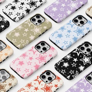 Capas de celular fofas com estrelas Y2K 2000s Trendy Girly Preppy para iPhone 16 15 Plus 14 Pro Max 12 13 Mini 11 Pro Galaxy S25 Estética Rosa Azul Capa