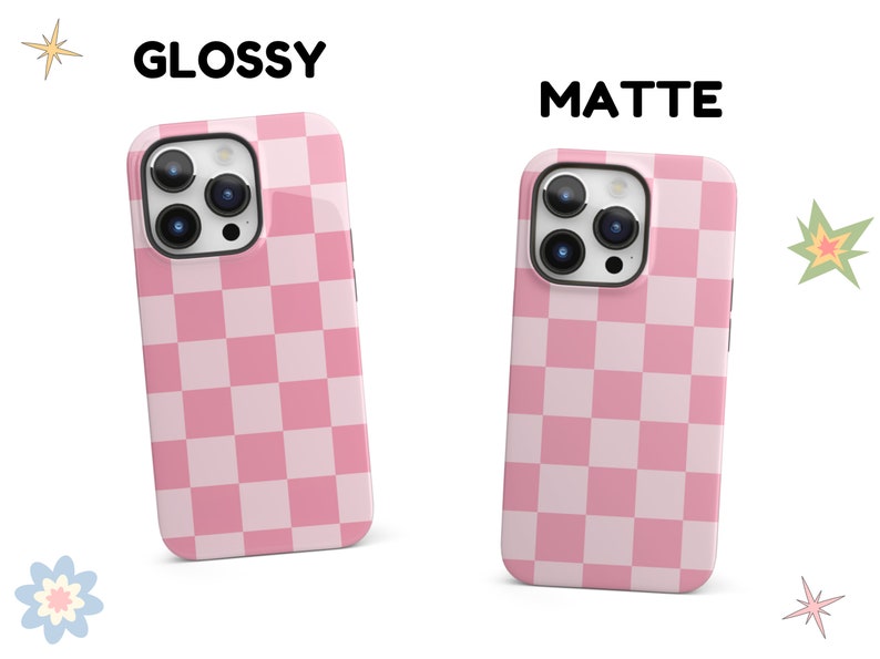 May include: Two iPhone cases with a pink and white checkered pattern. The case on the left is glossy and the case on the right is matte.