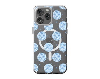 May include: A clear phone case with a pattern of blue disco balls on a gray background. The case has a raised ring on the back for a phone grip or stand.