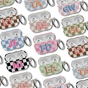 Gepersonaliseerde monogram initiaal geruit AirPods-hoesjes naam aangepast cadeau voor Airpods 1e 2e generatie, Airpods Pro sleutelhanger schattig beschermend